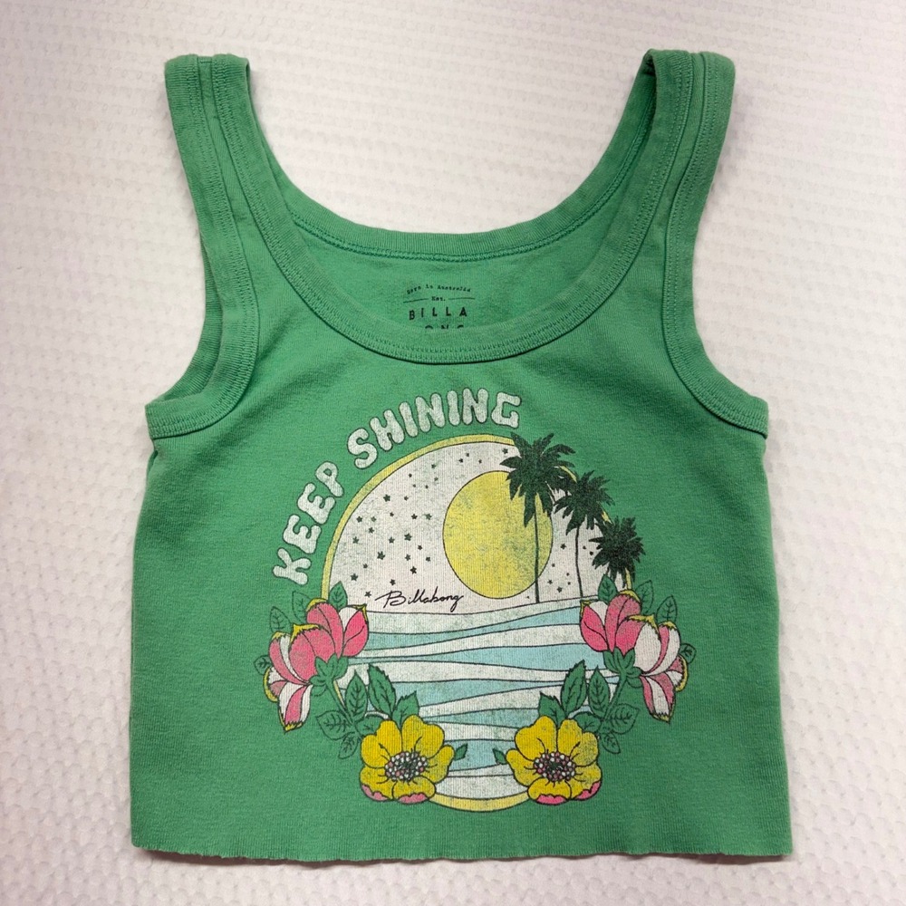 Billabong Graphic Tank Top Girls XS Green Good Keep Shining Tropical Crop